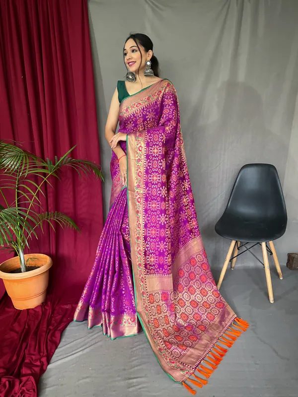 Purple_Pure_Bandhej_Patola_Silk_Sarees_with_Minakari_Work_With_Blouse_Piece_Attached